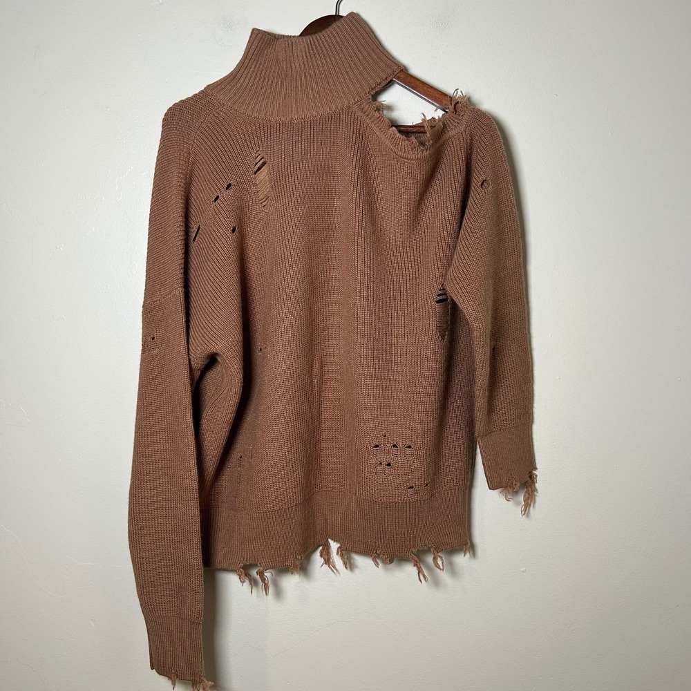 EUC Lovers + Friends Sweater Distressed Cold Shoulder Size M‎ Brown Mock Neck